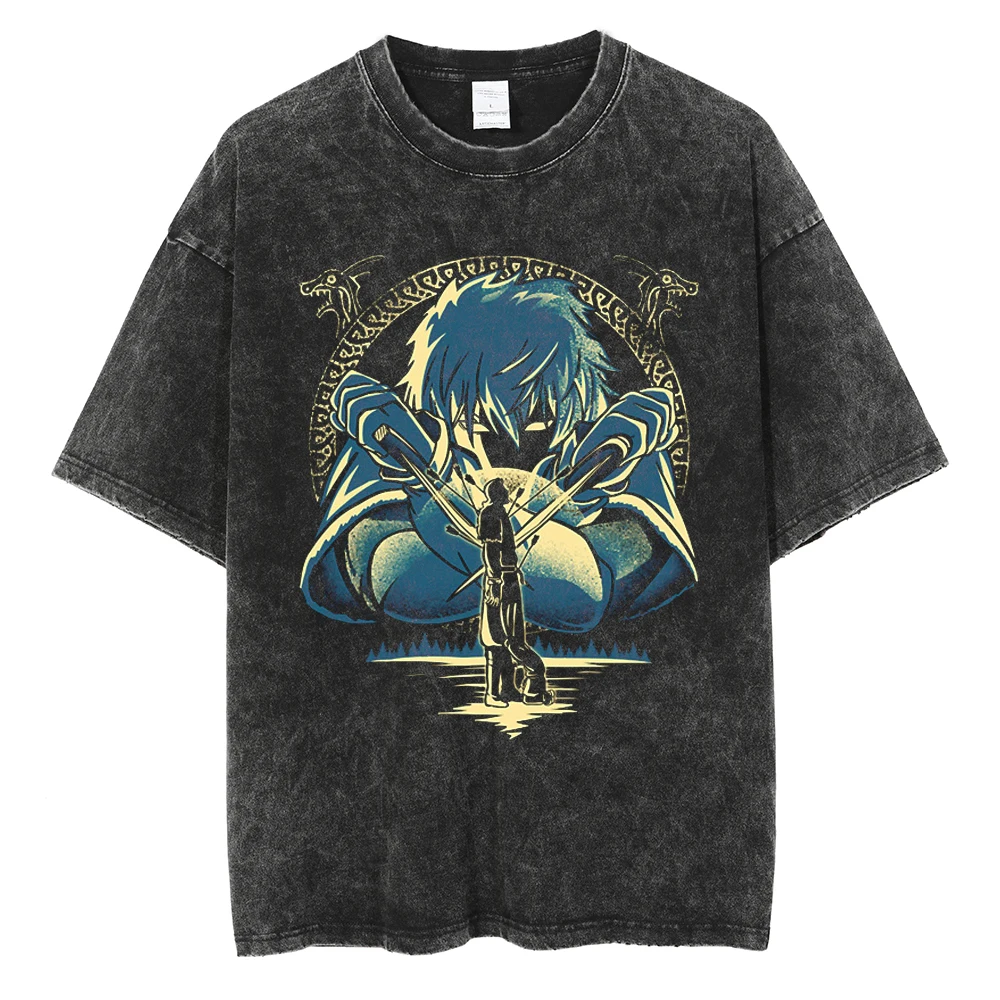 Herren Vinland Saga "I Have No Enemies" Grafik-T-Shirt Thorfinn Anime-Print Vintage Washed Oversized Casual Streetwear T-Shirt – Detail 9