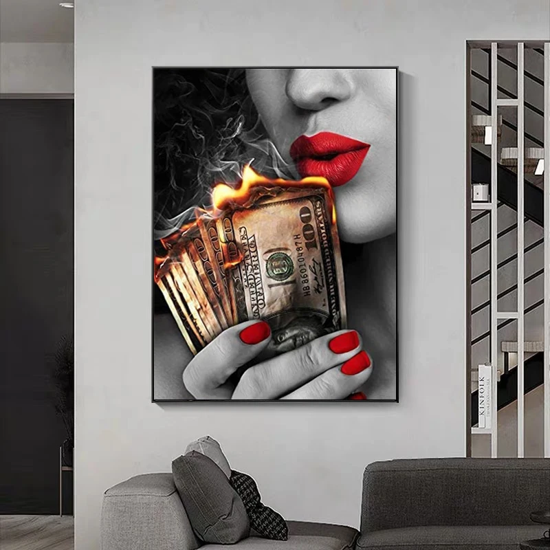 Blood Red Lipstick Sexy Lip with Fire Canvas Painting Fashion Poster and Prints Wall Picture for Living Room Home Decor Cuadros