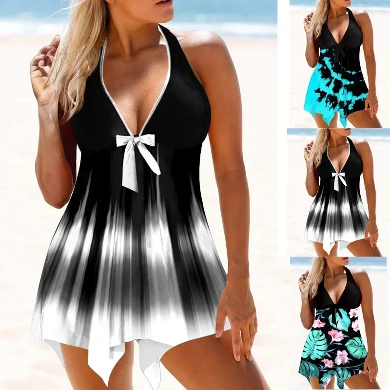 Women's Fashion Design 2-piece Set of Regular Swimwear Blue and Black Painted Art Print Sports Vacation Beach Wear S-6XL