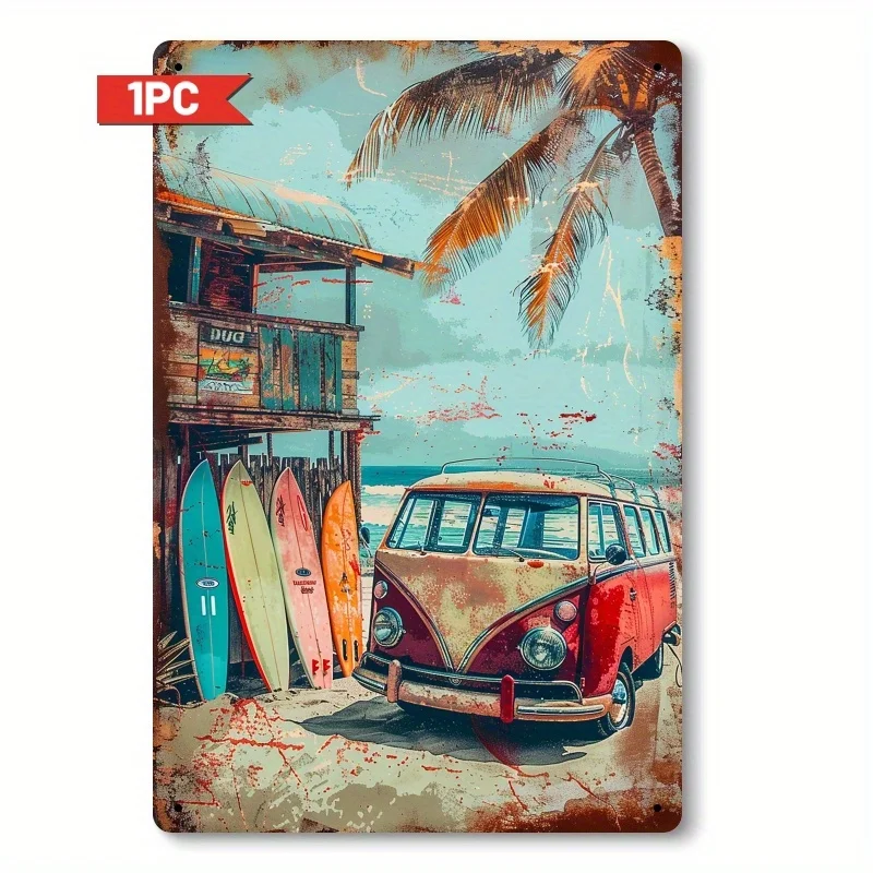 , Arte de pared de letrero de metal de furgoneta de surf vintage - Decoración de playa retro con árboles y tablas de surf, placa colgante de hierro rústico para el hogar,