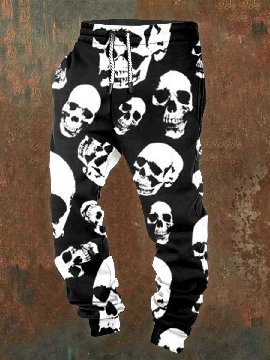 Men's casual jogging pants with drawstrings and Halloween skull prints, suitable for outdoor wear, autumn and winter fashion view 2
