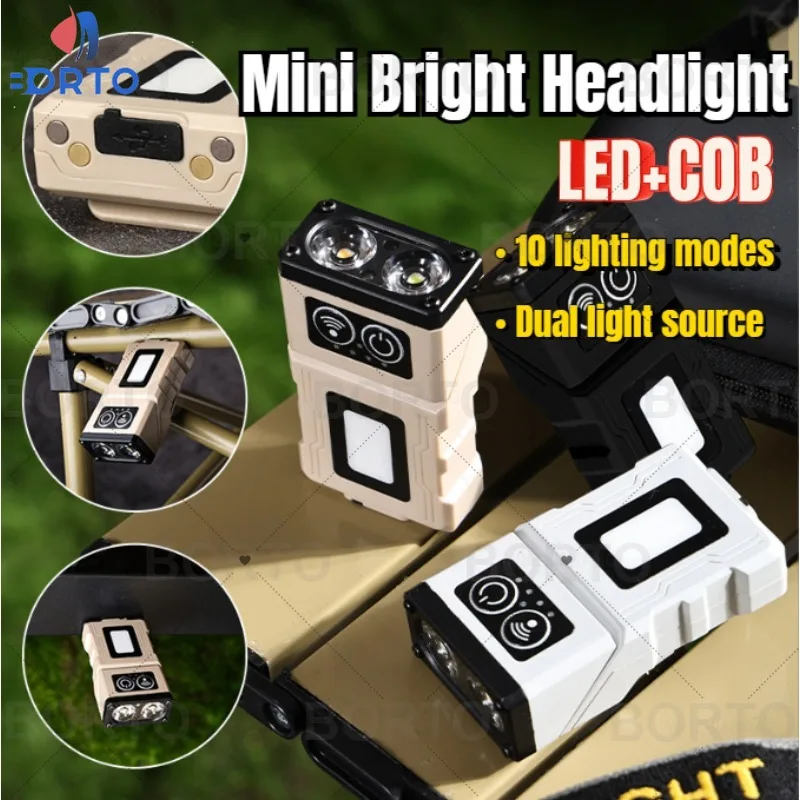 Mini LED+COB Headlamp Dual Light Source Flashlight 180 ° Rotation Multi Functional Headlight Sensing Cap Clip Light Work Torch