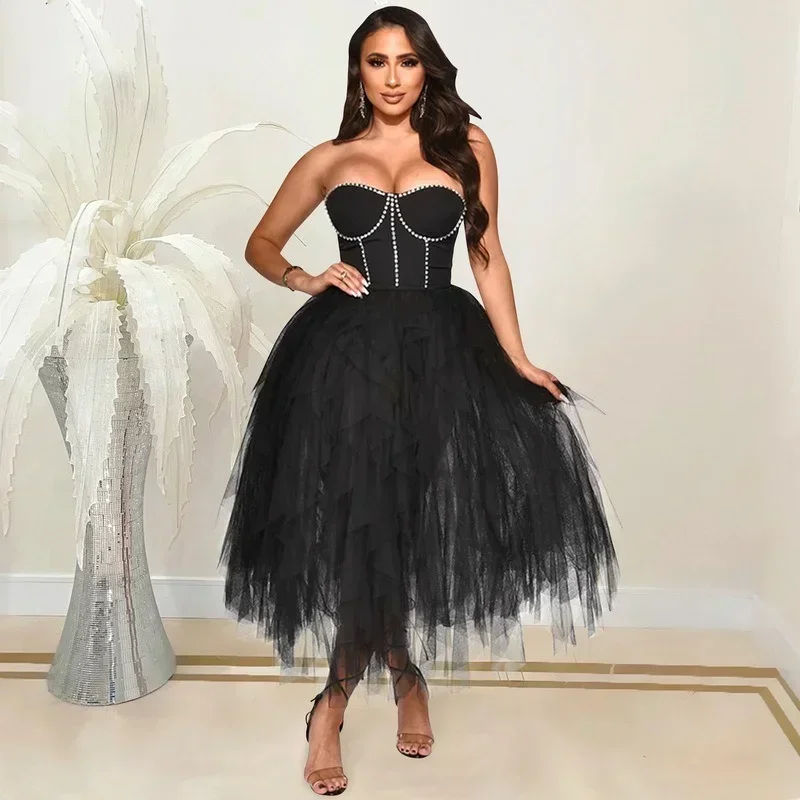 

GUWU бальное платье со стразами и корсетом для женщин, гламурное летнее сетчатое платье, сексуальная вечерняя клубная одежда, наряды для особых случаев