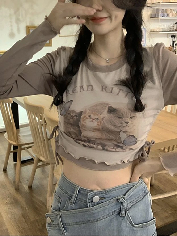 Cat Graphic Crop Top Women Lace Up T Shirt Female O Neck Long Sleeve Top Y2k Ladies Korean Style Spring Autumn Harajuku Tops Tee