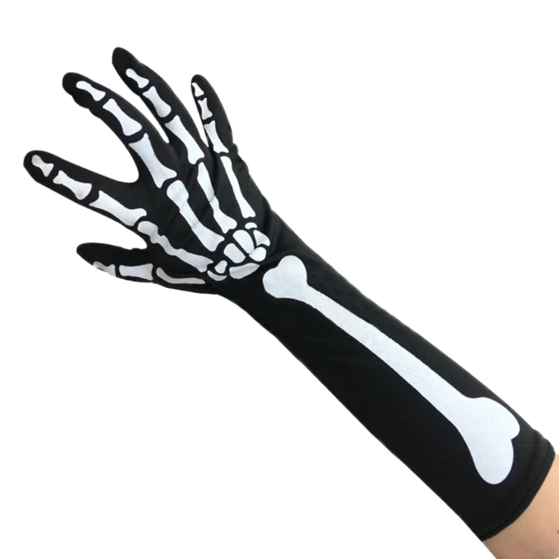 Skeleton Full Finger Gloves Bone Print Mittens Halloween Long Arm Length Wrist Length Dance Gloves Costume Accessory