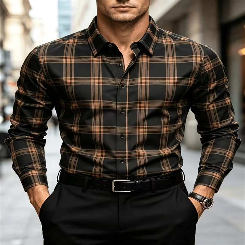 Men's Plaid Long‑Sleeve Shirt, Business Casual Lapel Button‑Up Shirt, Black Brown Checkered Formal Office Wear for Autumn Winter