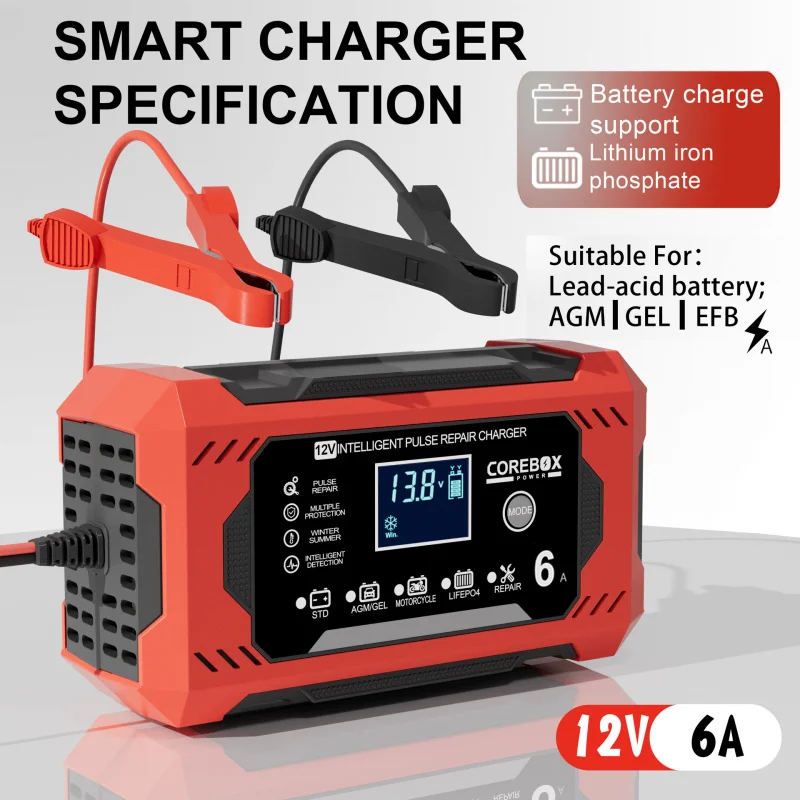 Car Motorcycle Smart Storage Battery Charger Start/Stop Battery Full of Self-Stop Lead Acid Battery Charging12V6A