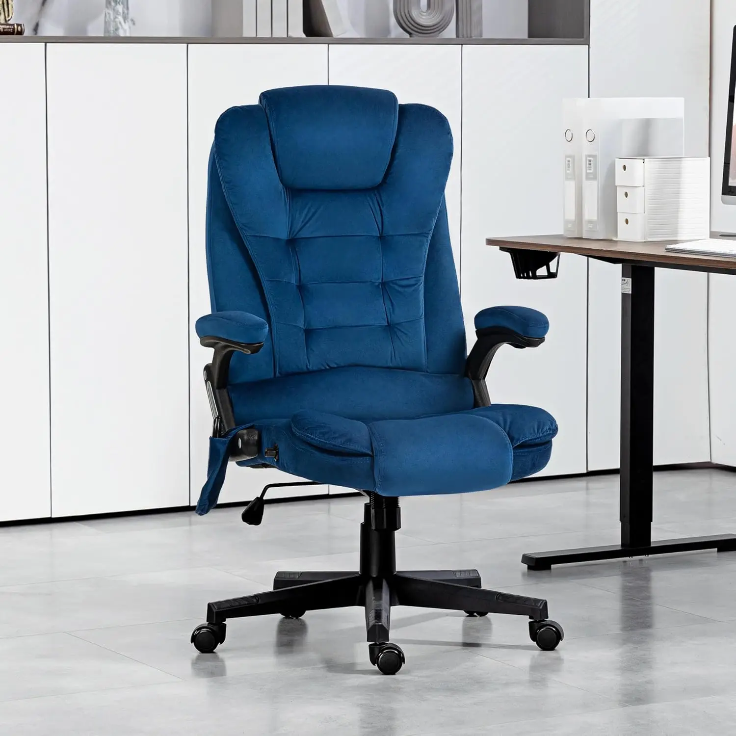 Executive Office Chair 6 Points Vibration Massage Velvet Drak Blue | Heated Lumbar Support, High Back Computer, Customized