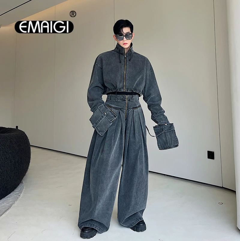 

Men 2 Pieces Streetwear Fashion Show Vintage Fashion Denim Suits Sets Coat Pant Women Jeans Short Jacket Wide Leg Pant Tracksuit