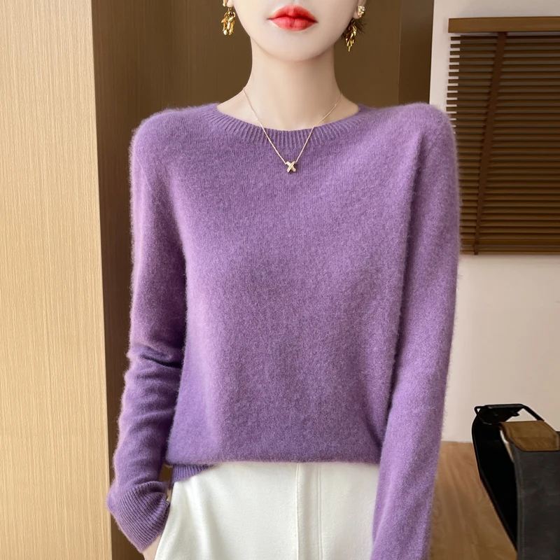 100% Wool Fashion Solid O-neck Sweater Women High Street 2024 Autumn Winter Casual Knitted Long Sleeve Female Tops Warm Pullover