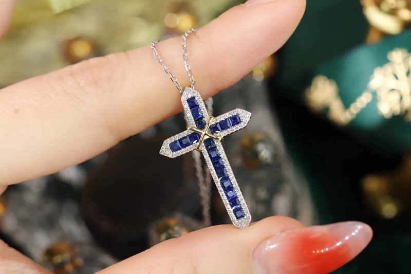 LUOWEND 18K White&Yellow Gold Necklace Fashion Cross Pendant Real Natural Diamond Natural Sapphire Necklace High Women's Jewelry