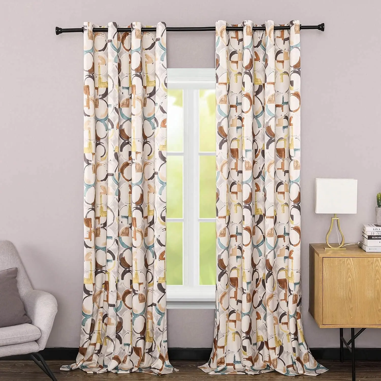 

Vogol Blackout Curtains For Bedroom, Brown Geometric Circles Print Curtains 84 Inch Length Thermal Insulated Room Darkening