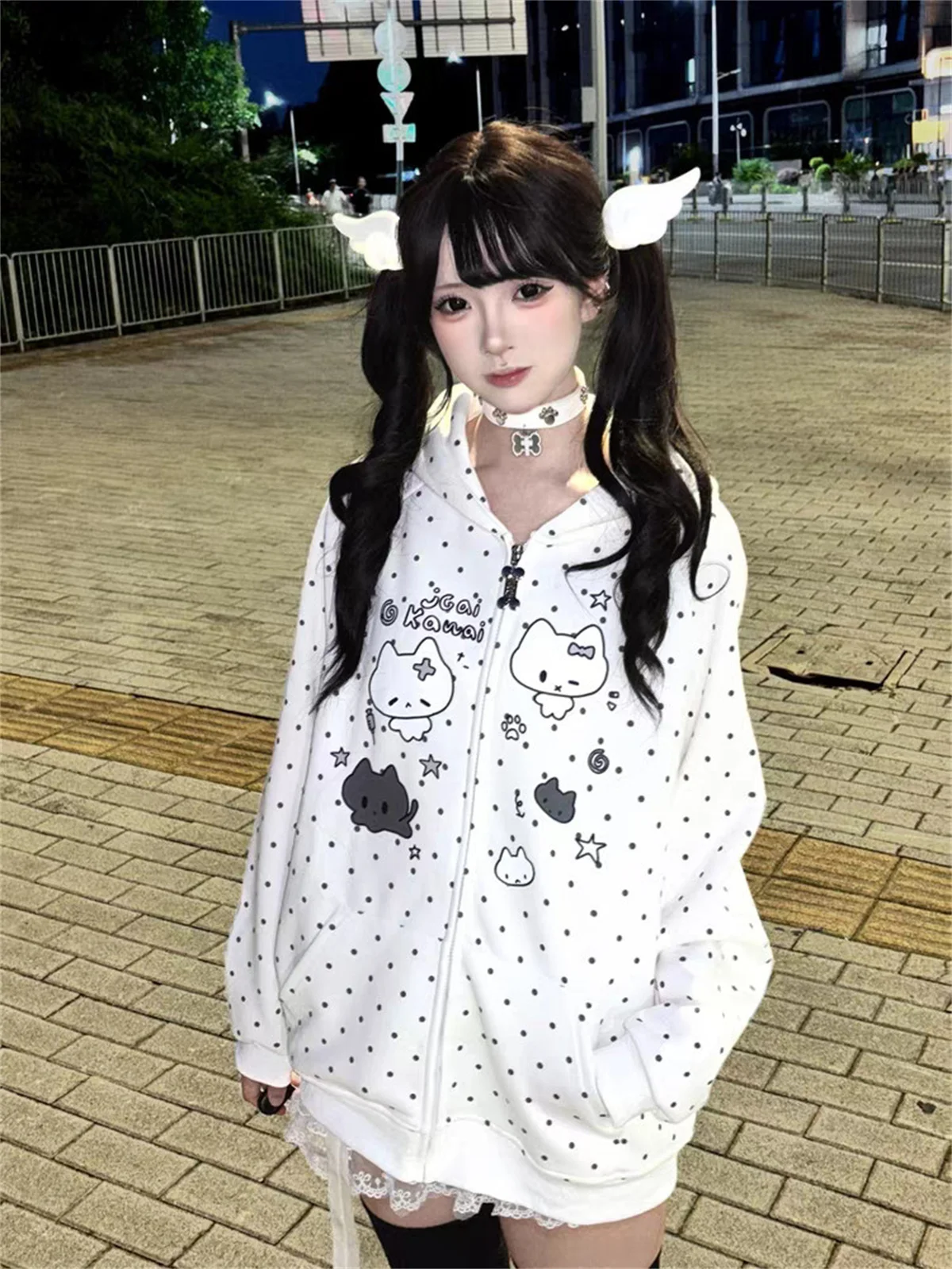 日本のY2K風春秋用フーディージャケット、女性服、水玉模様の猫プリントスウェットシャツ、2025年カジュアルシックなフード付きトップス