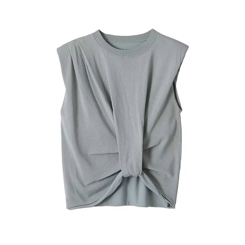 Nlzgmsj 2026 Summer Womens Twist Front Ruched Knit Sleeveless Vest Padded Shoulder  Office Lady Elegant Tank Top