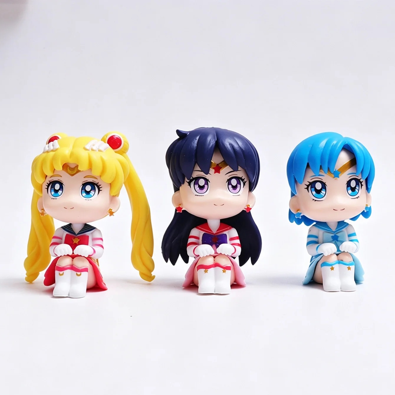 Sailor Moon Chibi Figures Set, Cute Sitting Anime Character PVC Statues, Desktop Collectible Ornaments for Display Gift