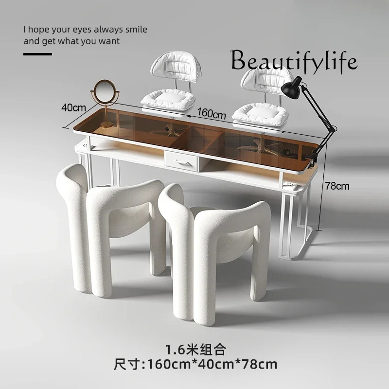 Caramel Brown Nail Table and Chair Set Glass New Nail Salon Sofa Combination with Socket