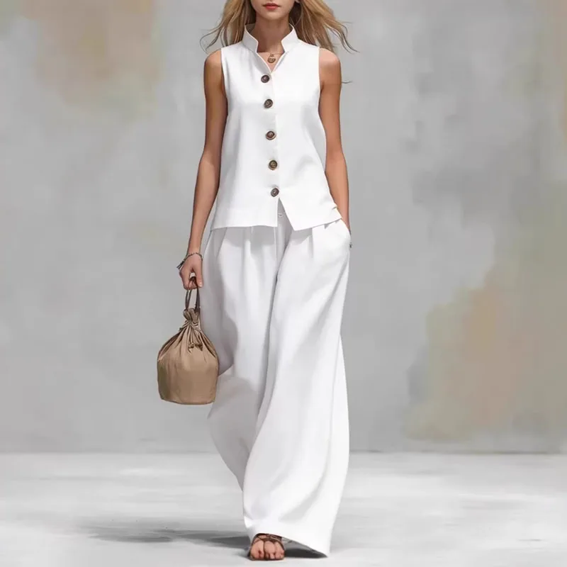 Bohemian High Waist 2Pcs Suit Women Stand Neck Sleeveless Button Vest Oversized Wide Leg Pants Sets Casual Holiday Travel Outfit view 4