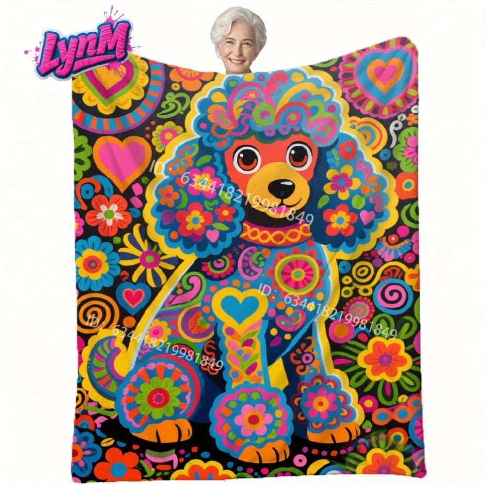 Colorful Mexican Folk Art Dog Throw Blanket, Vibrant Poodle Design with Flowers & Hearts for Boho Home Decor