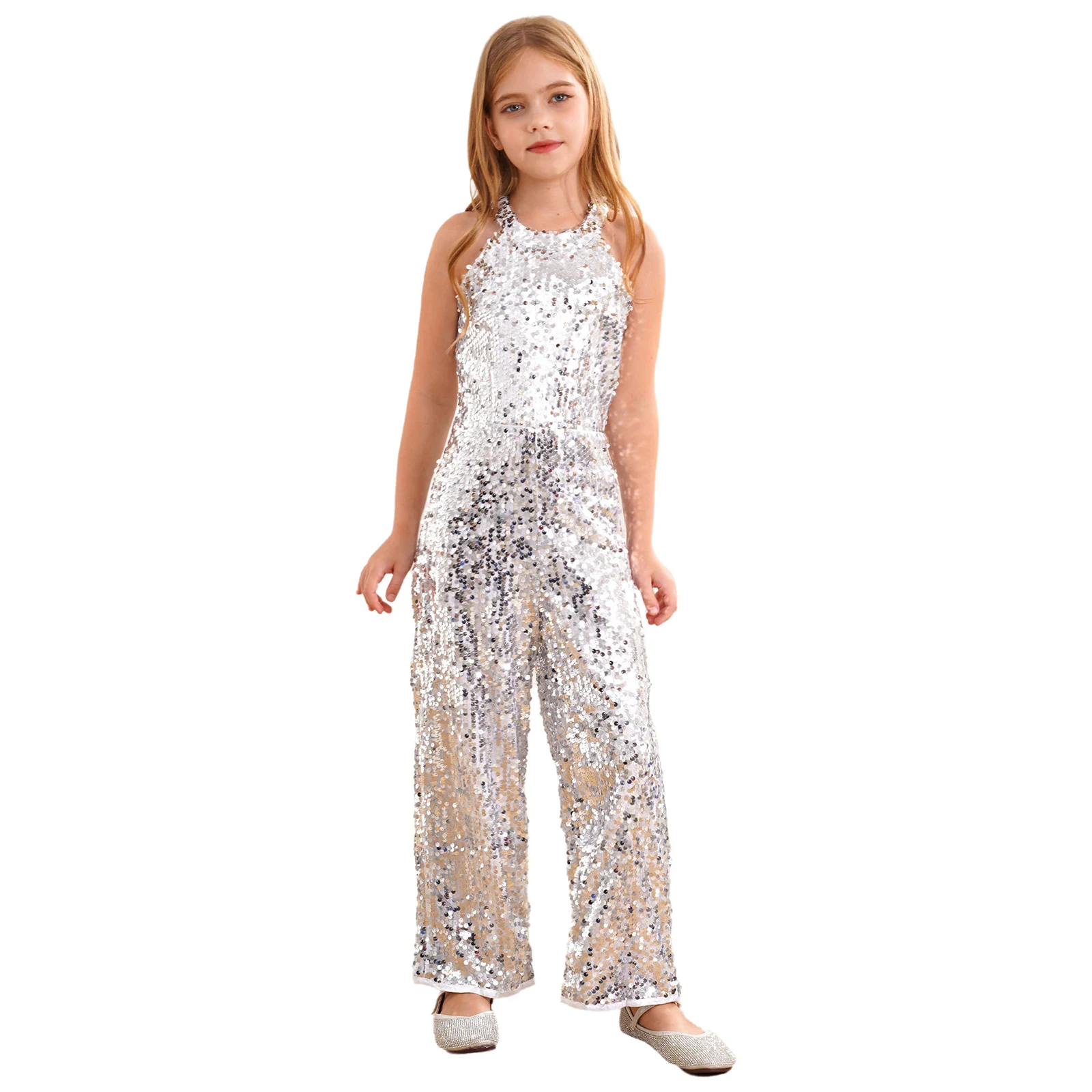 Kids Girls Shiny Sequin Jumpsuit Romper Jazz Ballet Dance Performance Prom Party Playsuit Wide Leg Pants Fancy Dress-up Bodysuit