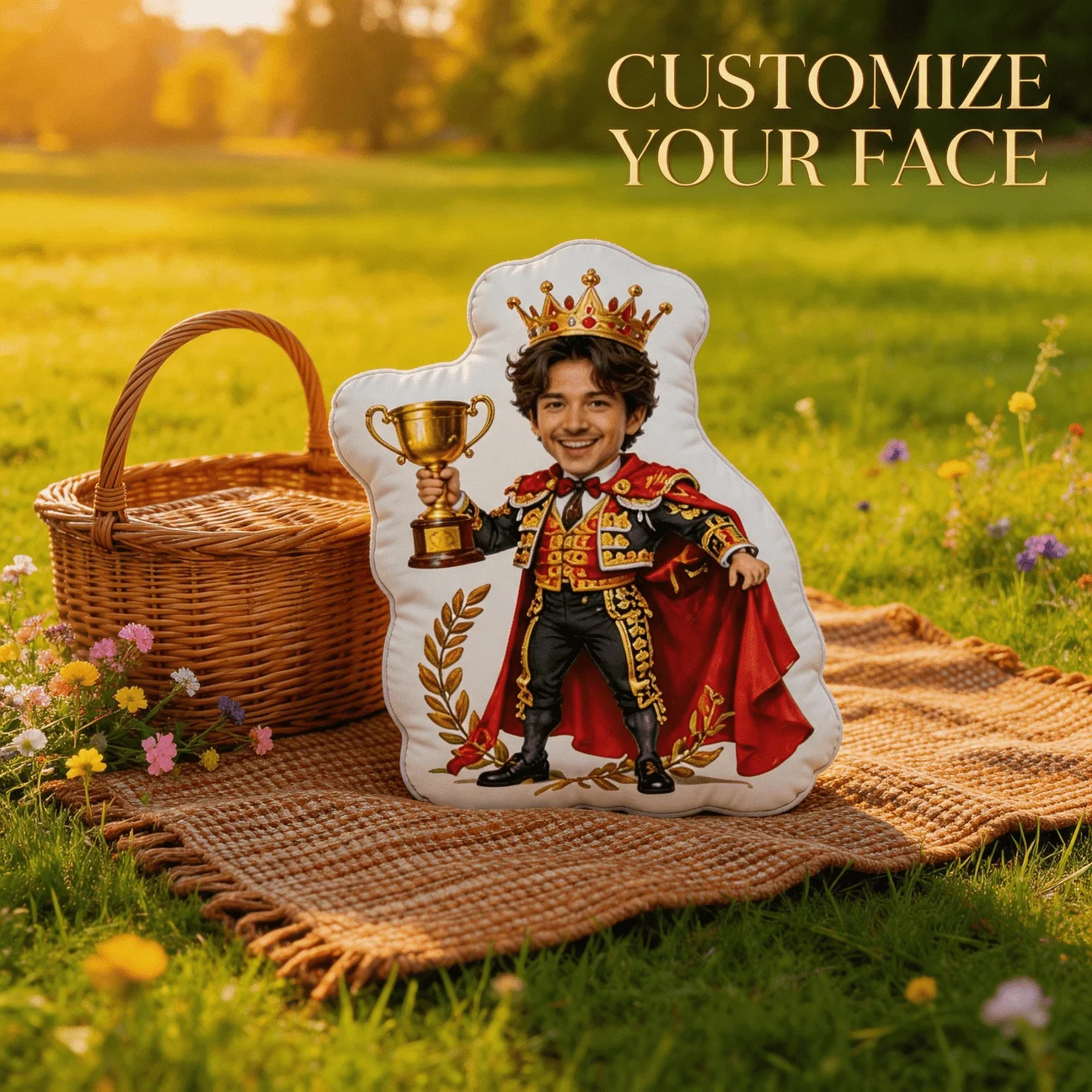 Custom Photo King Costume Shaped Pillow, Personalized Picture Holding Trophy Decorative Cushion, Unique Home Decor Accent for So