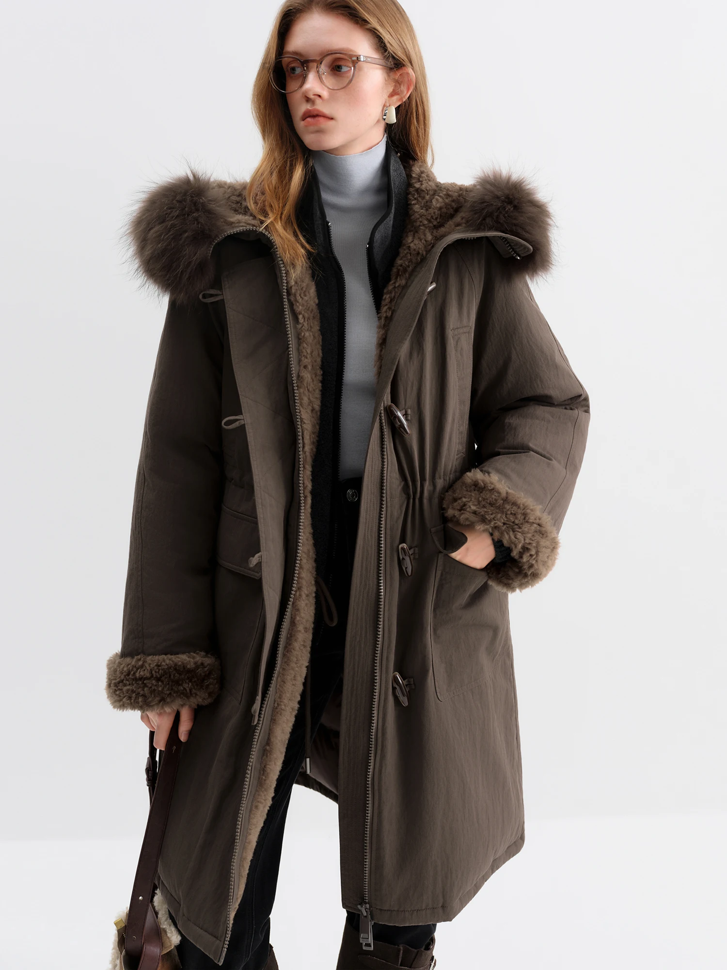 FSLE Dames met bont gevoerde donsparka met wolmix Halflange winterjas voor de winter van 2025, nieuwe collectie, lange jas met capuchon
