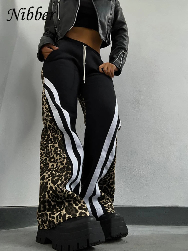 Nibber Side Stripe Women Flare Pants Autumn Hipster Leopard Patchwork Pocket Casual Wild Basic Street Sports Sweatpants Trousers