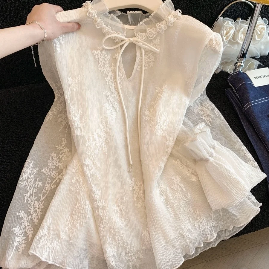 

Весна 2026: Корейская женская блузка с кружевной вышивкой, длинным рукавом, на пуговицах, с воротником, с цветочным принтом, для офиса