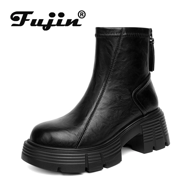 

Fujin 7cm Genuine Leather Spring Round Toe Shoes Motorcycle Boots Women Ladies Fashion Chimney Autumn Moccasins Ankle Booties