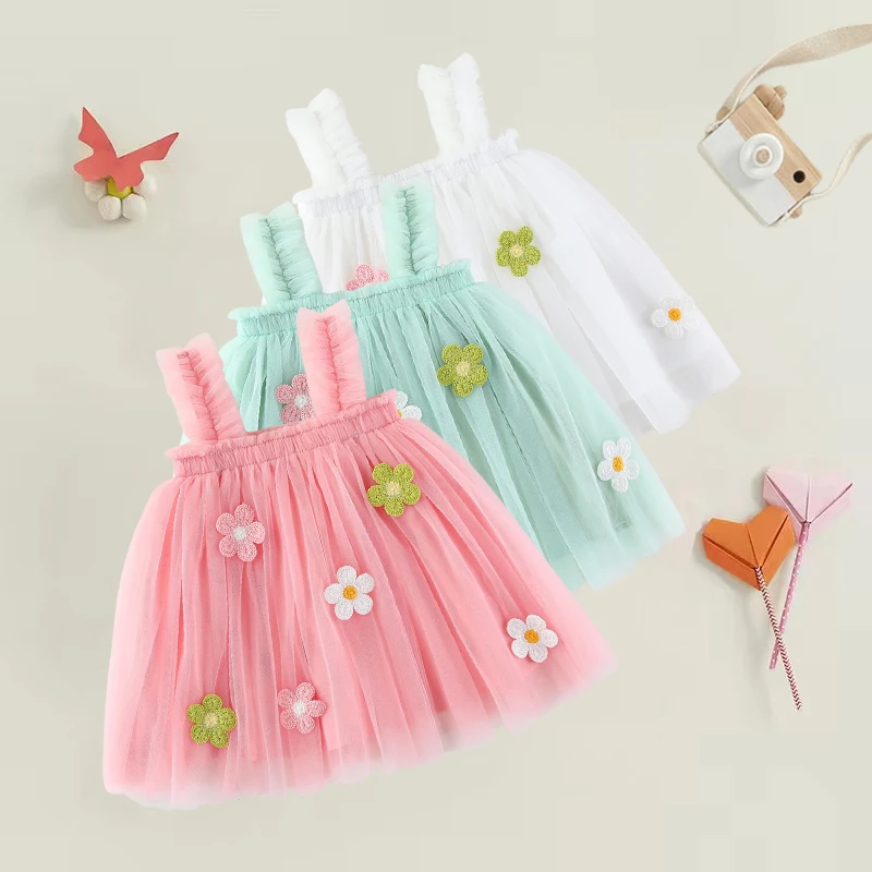 6M-5Y Toddler Baby Girls Summer Sling Dress Sleeveless Flower Embroidery A- line Tulle Princess Dress Kids Birthday Party Dress