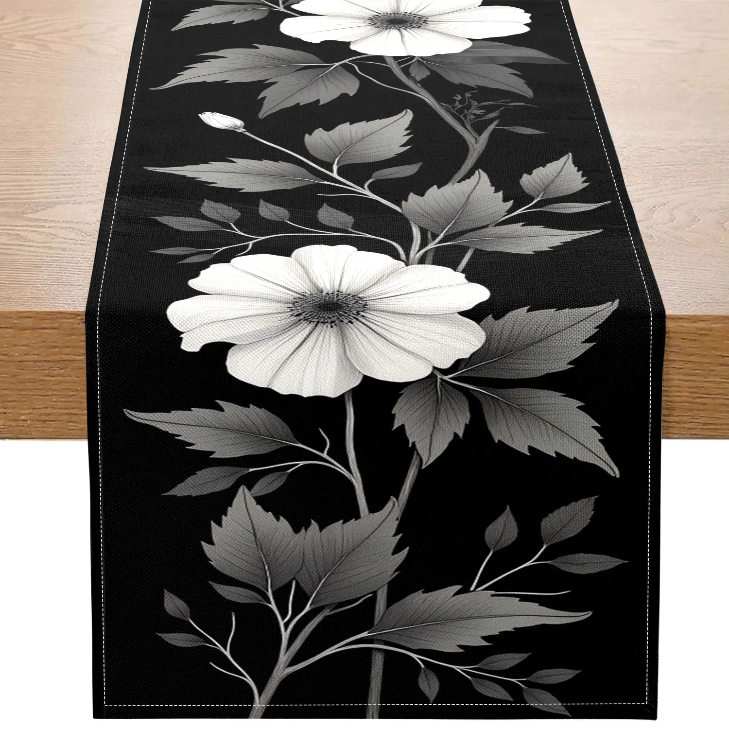 قطعة واحدة من مفرش طاولة على شكل زهور باللونين الأبيض والأسود، خلفية سوداء مع زهور بيضاء ورمادية وأنماط أوراق شجر، مناسبة لطاولات الطعام المنزلية البسيطة، وتخطيط المقهى على الطراز الأسود والأبيض، وحفلات التصوير الفوتوغرافي المنزلي البسيط المتخصصة باللونين الأبيض والأسود والأسود #1