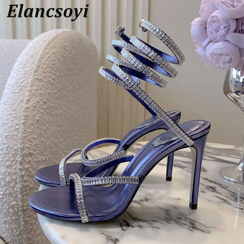 High Heels Sandals Women Pumps Crystal Ankle Snake Shaped Winding Wedding Shoes Summer Sexy Open Toe Thin Heels Sandalias 2025