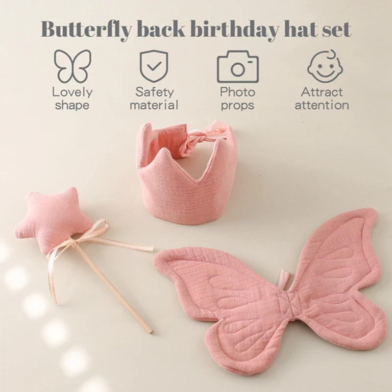 3pc/set Cotton Butterfly Large Angel Wing Butterfly Fairy for Girls Birthday Party Hat Set Crown Magic Wand Toy Butterfly Themed