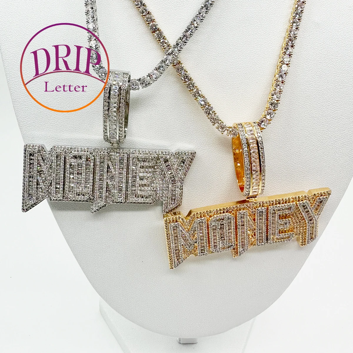 

Drip Letter Money Necklace for Men Iced Out Pendant Real Gold Plated Cubic Zirconia Hip Hop Jewelryop Jewelry