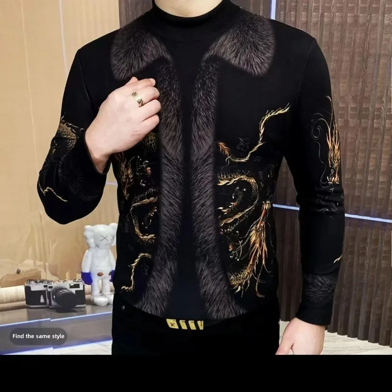 No-iron Anti-wrinkle Men's Autumn Winter Bottoming Shirt T-shirt German Velvet Inner Bottoming Printed Temperament Top