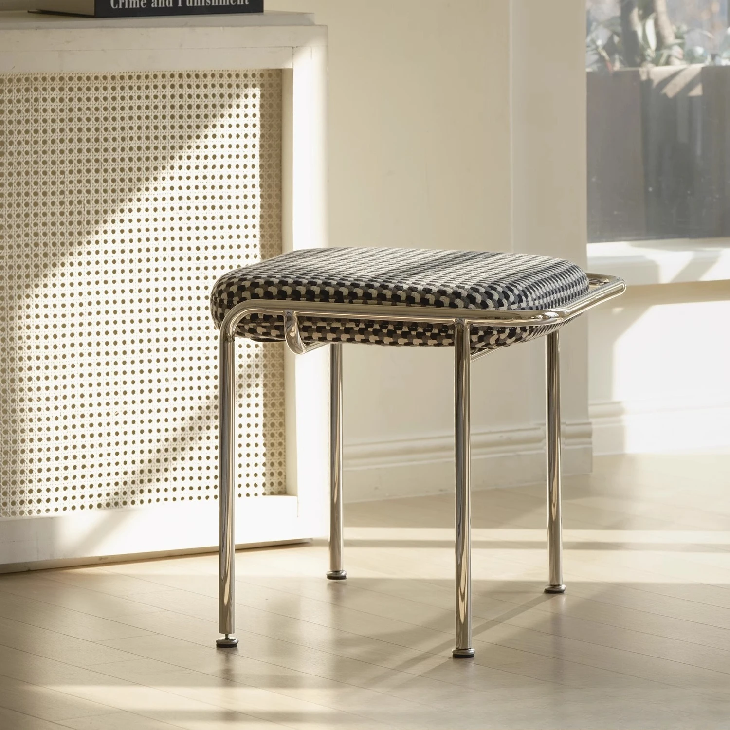 wrought iron soft bag shoe changing stool, restaurant stainless steel simple dining stool, home bedroom creative dressing stool