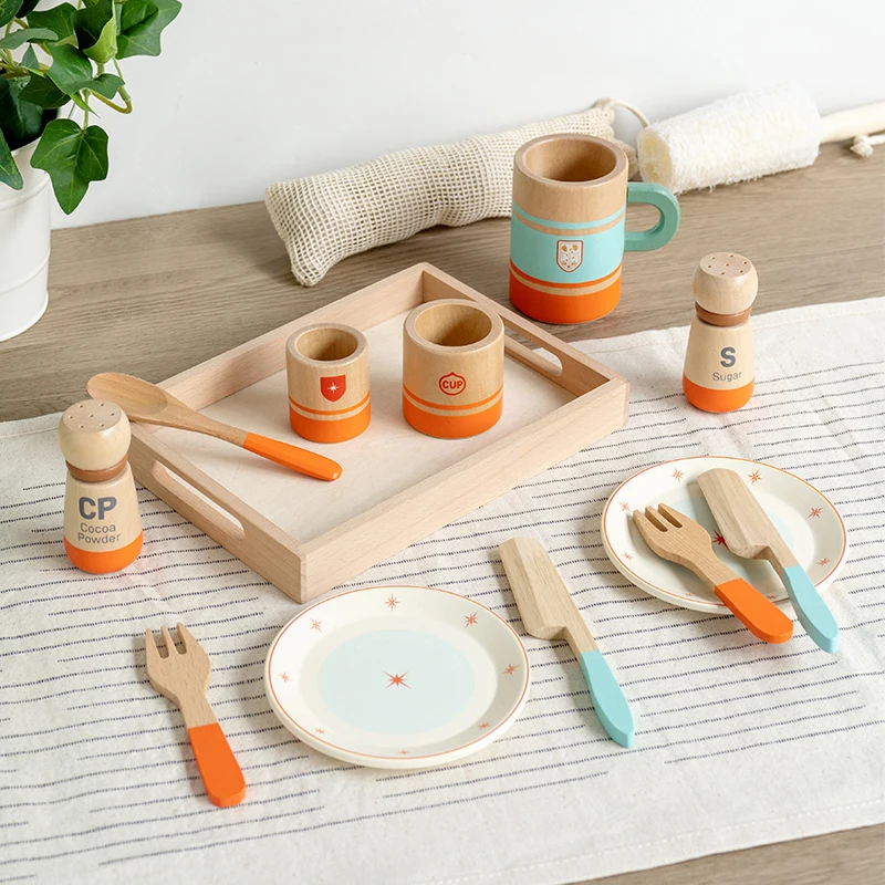 مجموعة أدوات مائدة خشبية متباينة باللونين البرتقالي والأزرق أدوات مطبخ واقعية + قطع زخرفية ممتعة لعب الأدوار للأطفال #1