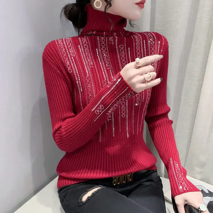 Hot Drill TurtleNeck Women\'s 2022 Autumn Winter New Interior Long-sleeved Sweater Versatile Knit Top Oversized Sweater