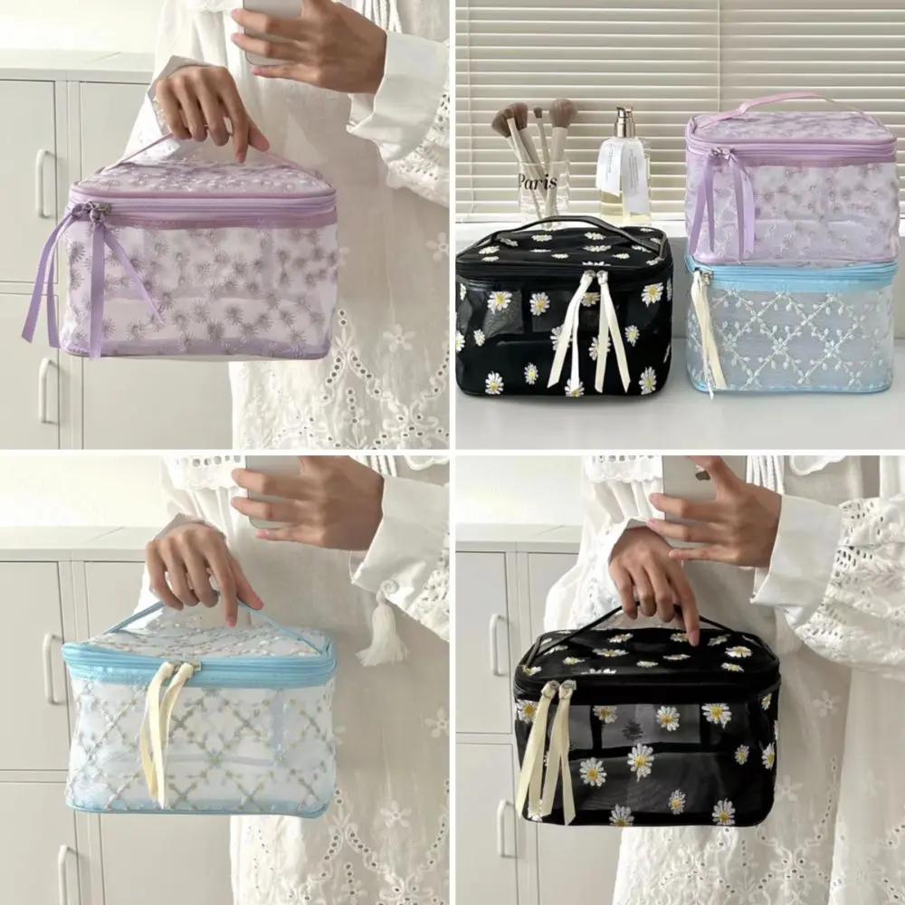 Daisy Embroidery Makeup Bag Portable Large Capacity Nylon Storage Bags Flocking Mesh Transparent Makeup Organizers Women