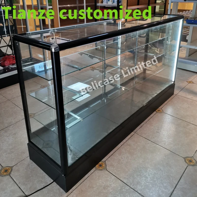 

(Customized) custom size aluminum glass display showcase with LED lights lockable display cabinet & counter showcase