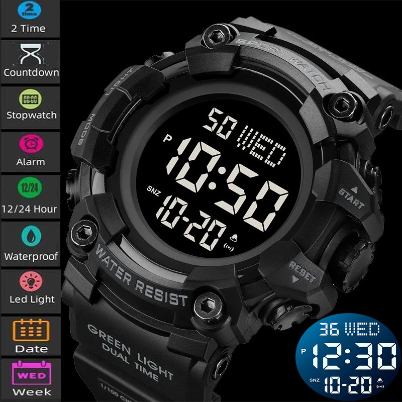 Skmei Men\'s Military Watches Fashion Big Dial Digital Wristwatch Luxury Outdoor Sports Dual Time Led Waterproof Alarm Clock