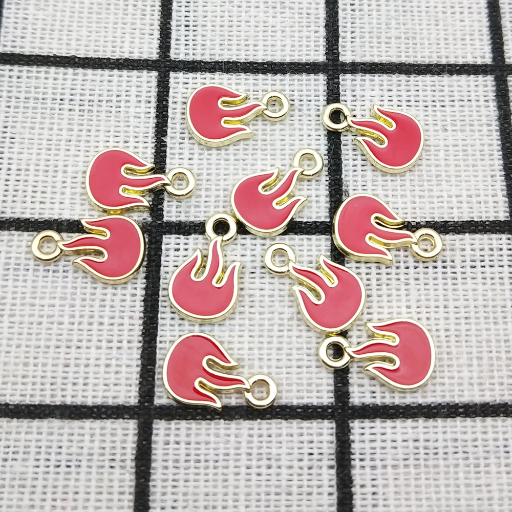 10pcs Flame Charm Jewelry Accessories Enamel Necklace Earring Pendant Diy Making Supplies Alloy Metal Gold Plated