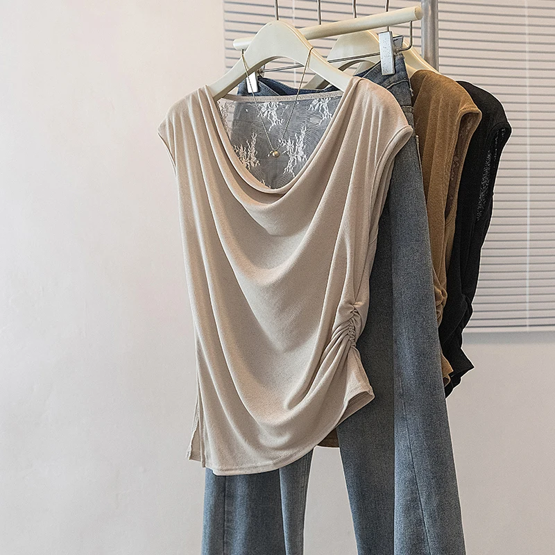 Summer New Style Women's Knitted Vest Sleeveless Side Gathered Drapey Top Casual H-Shape Breathable Cotton Linen Blend