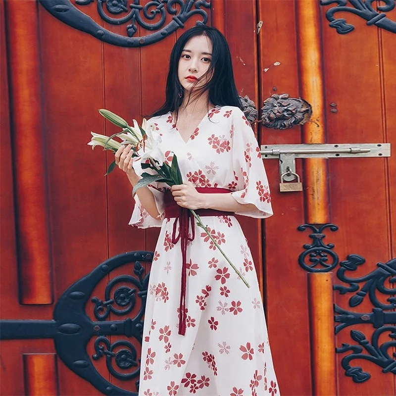 Hanfu-vestido Floral de estilo chino Vintage para mujer, vestido superajustado de gasa de manga corta para primavera y verano, novedad de 2022