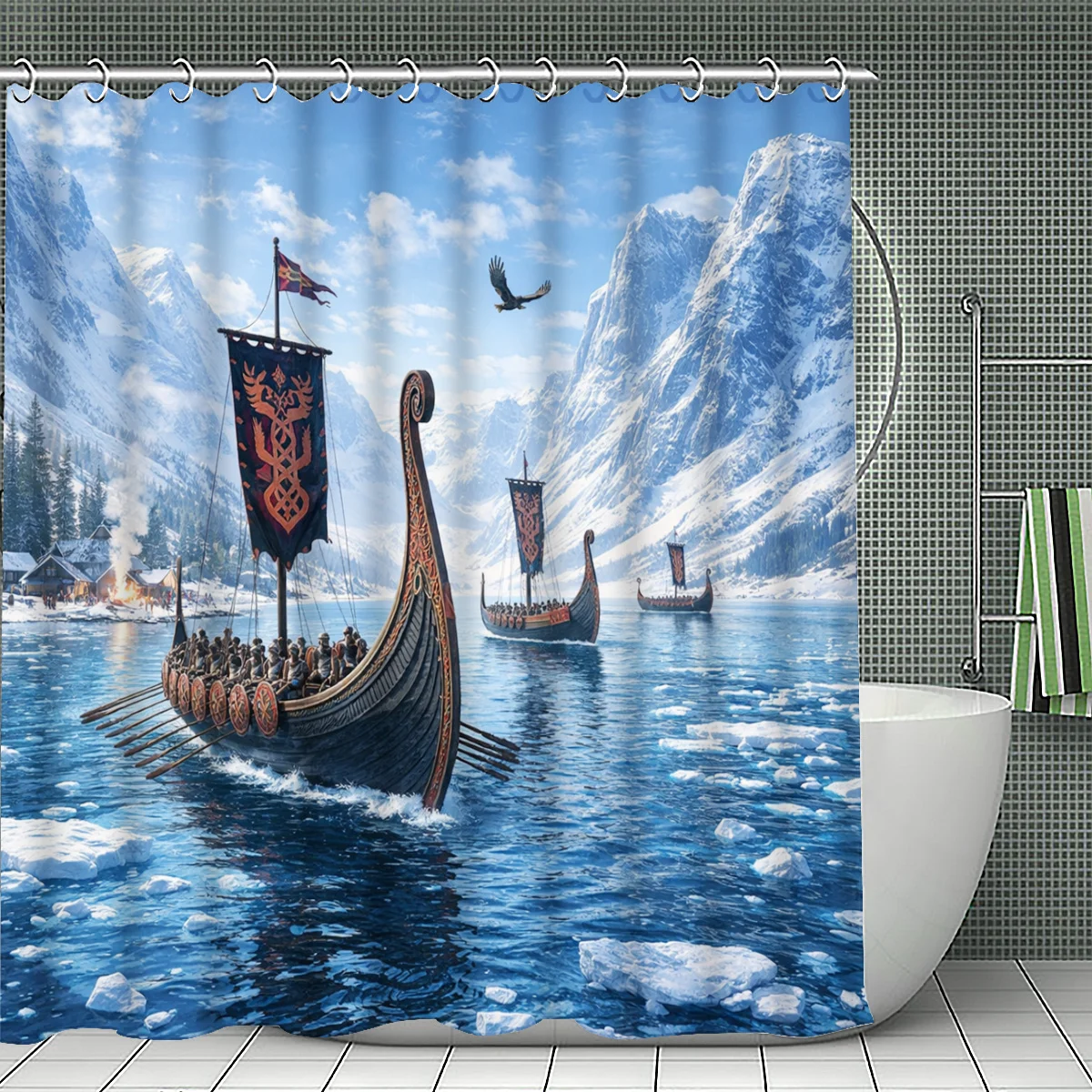 Epic Viking Longship Voyage Through Icy Nordic Fjords Waterproof Shower Curtain Bathroom Decor