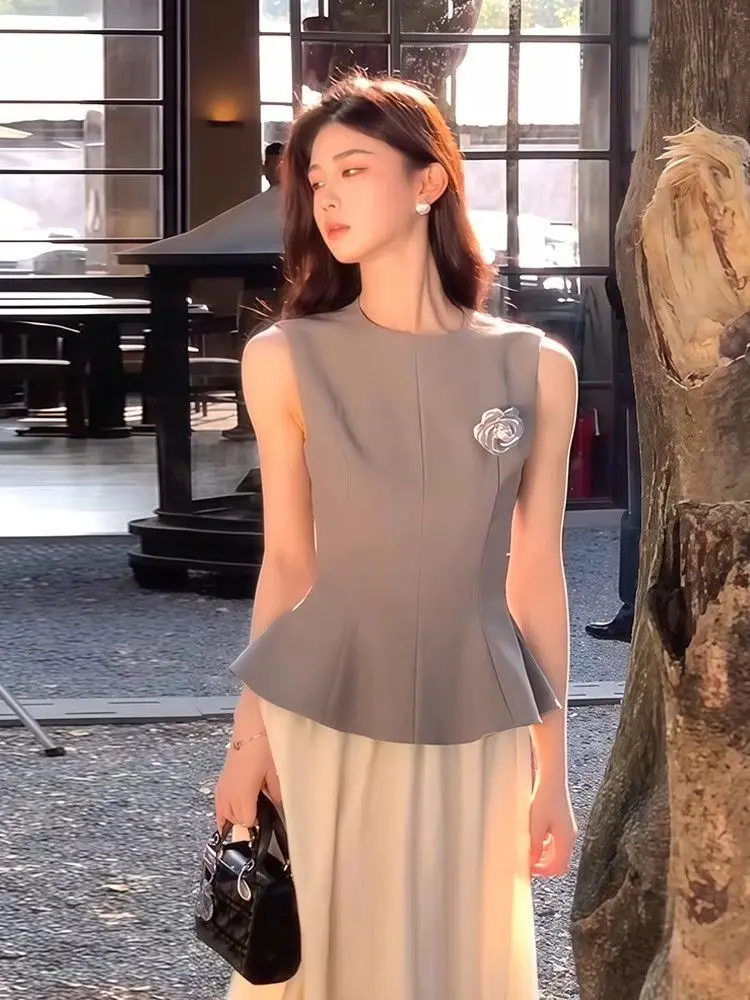 

New Retro Hepburn Summer Women Two Piece Set High End O-neck Sleeveless Ruffles Patchwork Blouse Top + Long Midi Skirt Suit