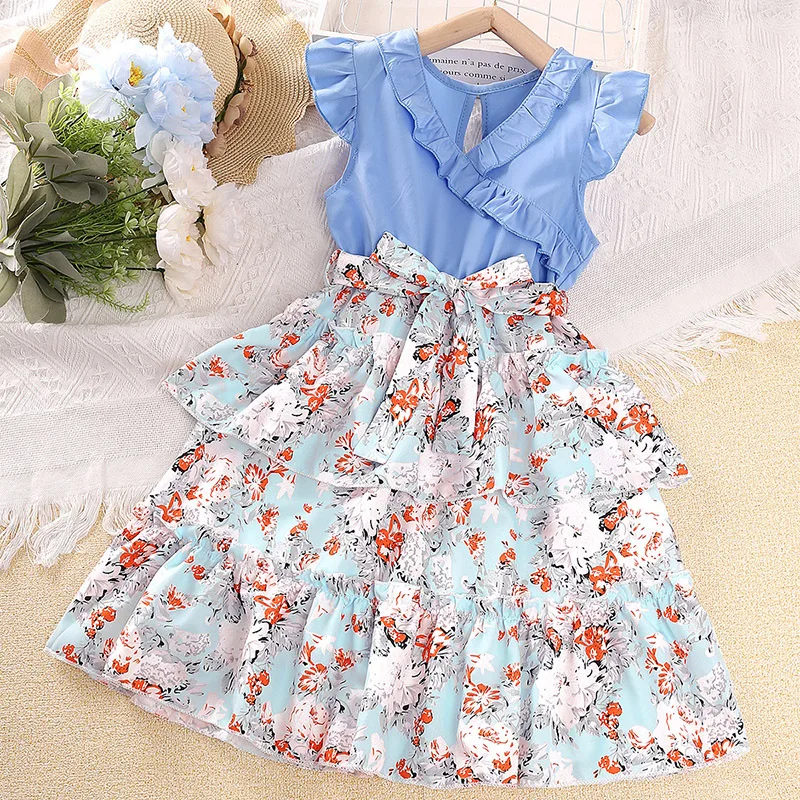 

Summer Children's Dresses Kids Girls Fly Sleeve Floral Princess Dress Costumes Teens Sweet Pleated Cake Dress for Girls Clothing