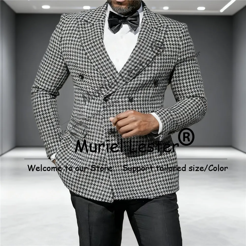 Classic Grey Tweed Houndstooth Men's Suit 2 Pieces Sets Blazer Black Pants Business Attire Outfits Wedding Cocktail Party Tuxedo