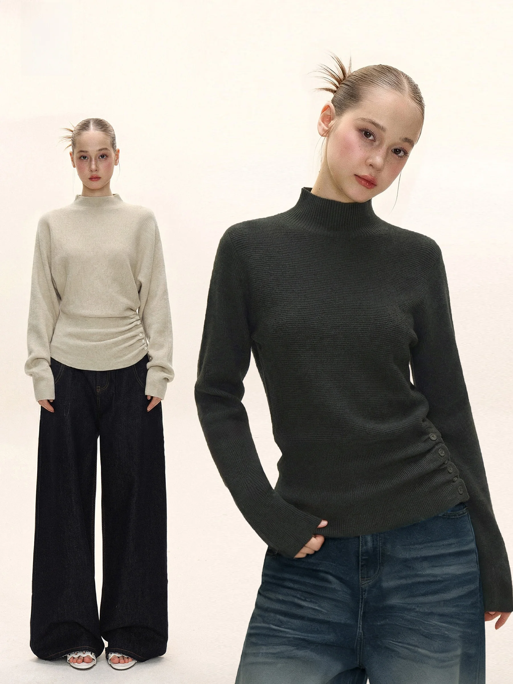 

Женский повседневный облегающий вязаный свитер с высоким воротником, зимняя мягкая удлиненная кофта свободного кроя с эффектом утяжки на талии, рукава «летучая мышь»