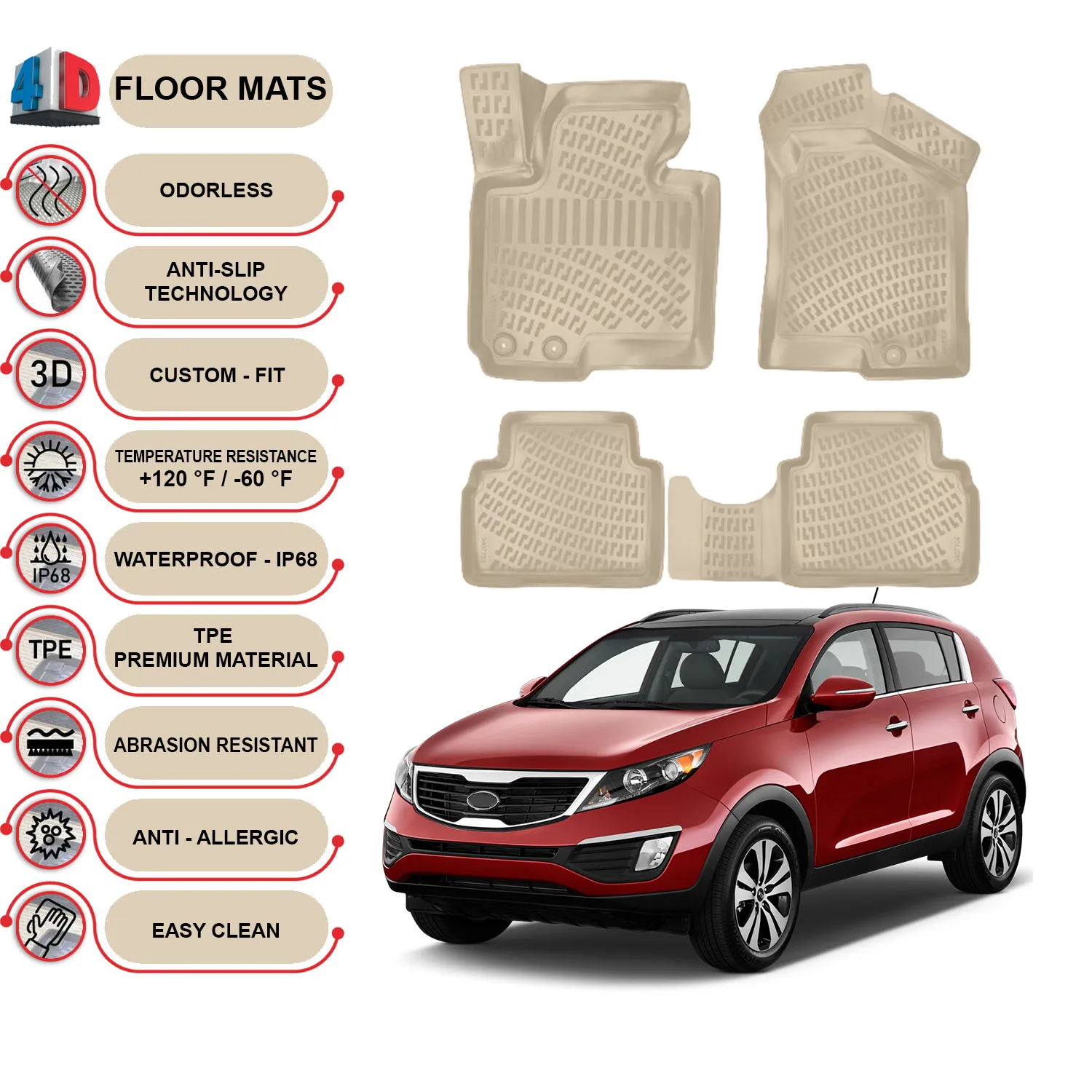 Kia Sportage - (2011-2015) Floor Mats Liner Waterproof 3D - (Beige)