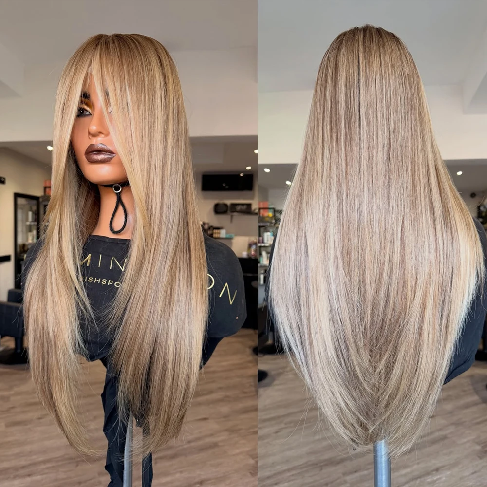 Highlight Honey Blonde 13x4 Lace Front Synthetic Wigs Layered Long Straight Ombre Brown Mixed Blonde Lace Front Wig For Women